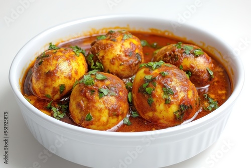 Spicy Indian egg curry in white bowl on white background photo