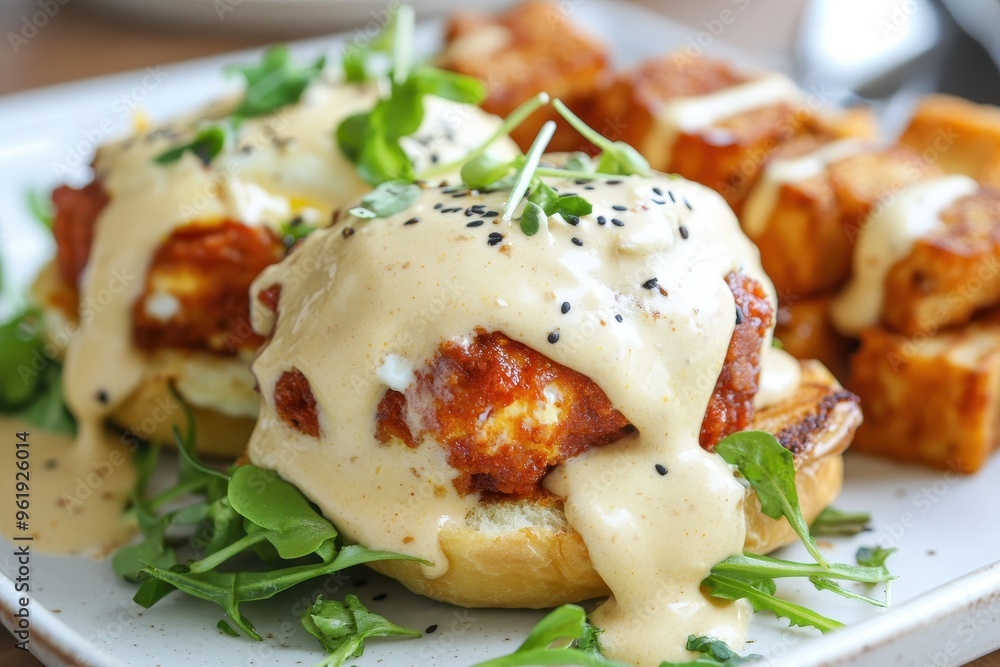 Spicy Korean egg dish with tempeh chips and croissant ice cream Spicy Korean egg dish with tempeh chips and croissant ice cream