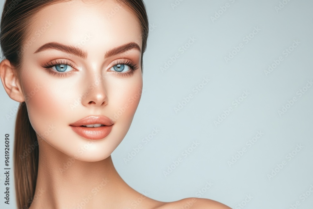 Model with modern make-up and long straight smooth hairstyle standing on white studio background in a studio portrait Model with modern make-up and long straight smooth hairstyle standing on white studio background in a studio portrait