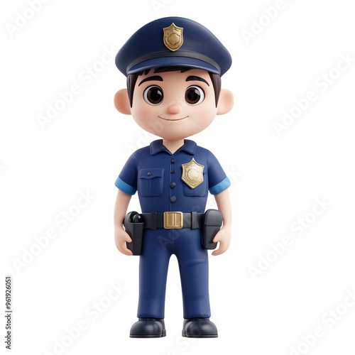 3D Cute Male Police Officer Character - Isolated on White Transparent Background, PNG 