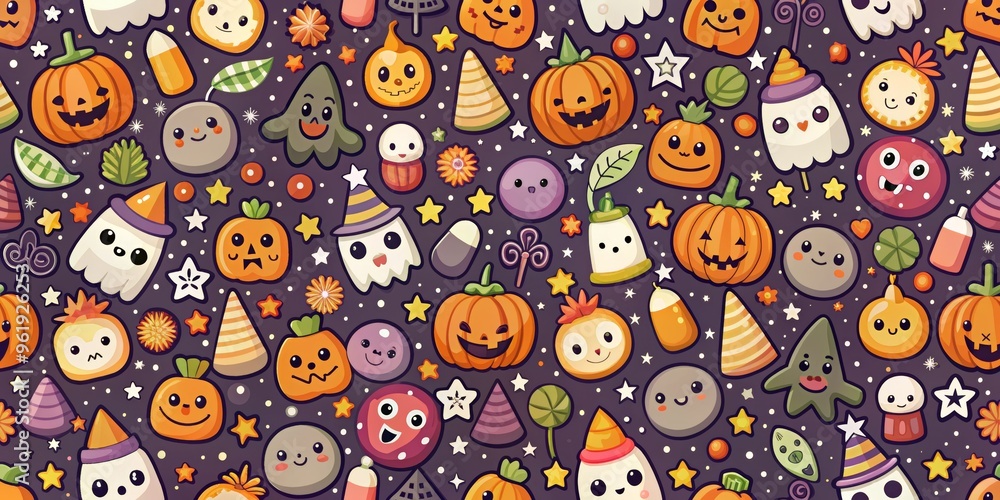 Colorful Halloween Pattern with Cute Pumpkins, Ghosts, and Candy on a Dark Background Colorful Halloween Pattern with Cute Pumpkins, Ghosts, and Candy on a Dark Background