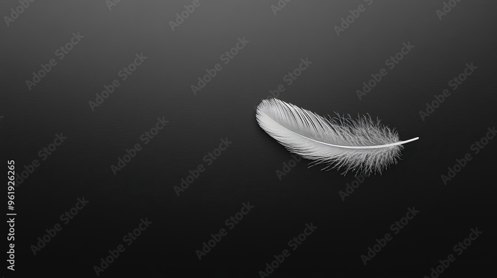 Black and white photo of a single feather floating on a solid black ...
