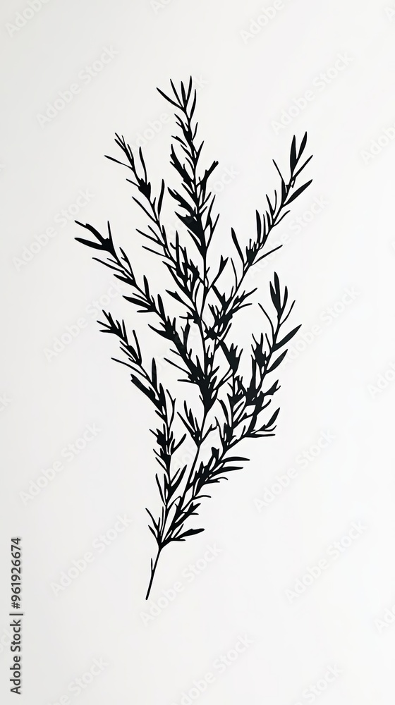 Fototapeta premium Silhouette of a bunch of fresh rosemary floating, with individual sprigs detailed against a white background