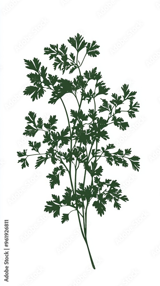 Silhouette of a floating bunch of fresh parsley, detailed against a white background Silhouette of a floating bunch of fresh parsley, detailed against a white background