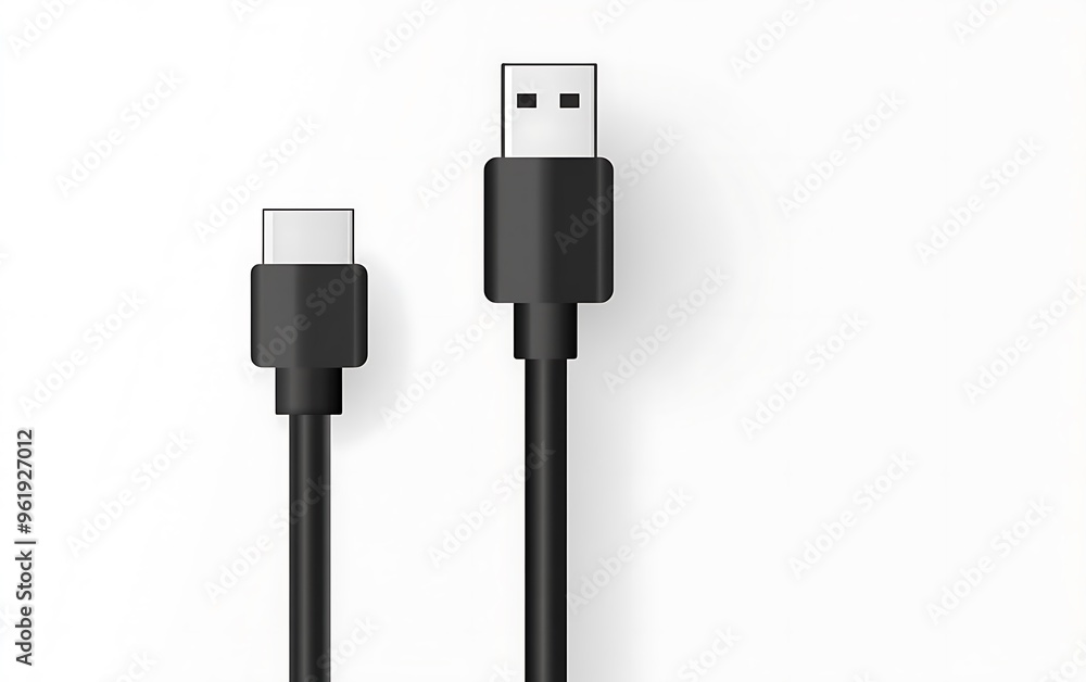 Minimalistic Black Vector USB Cable on White Background - Flat Design with High Resolution Quality Minimalistic Black Vector USB Cable on White Background - Flat Design with High Resolution Quality