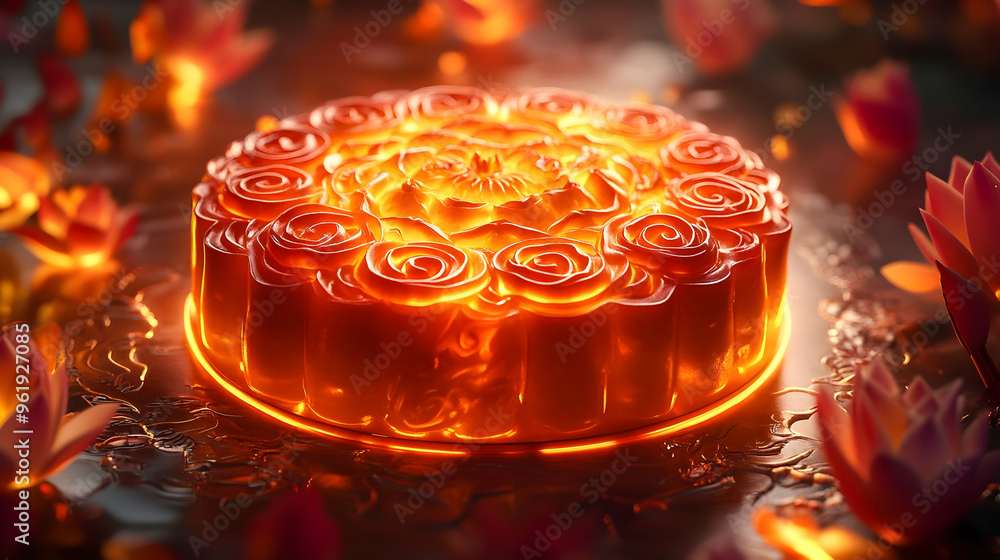 3D Abstract Mooncake Offering: Vibrant Glow Representation of Traditional Mid-Autumn Festival Ceremony with Swirling Lights - Top Down Perspective 3D Abstract Mooncake Offering: Vibrant Glow Representation of Traditional Mid-Autumn Festival Ceremony with Swirling Lights - Top Down Perspective