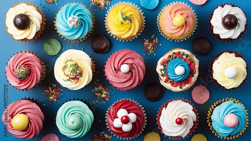 Flat lay with various arranged sweet cupcakes isolated on blue