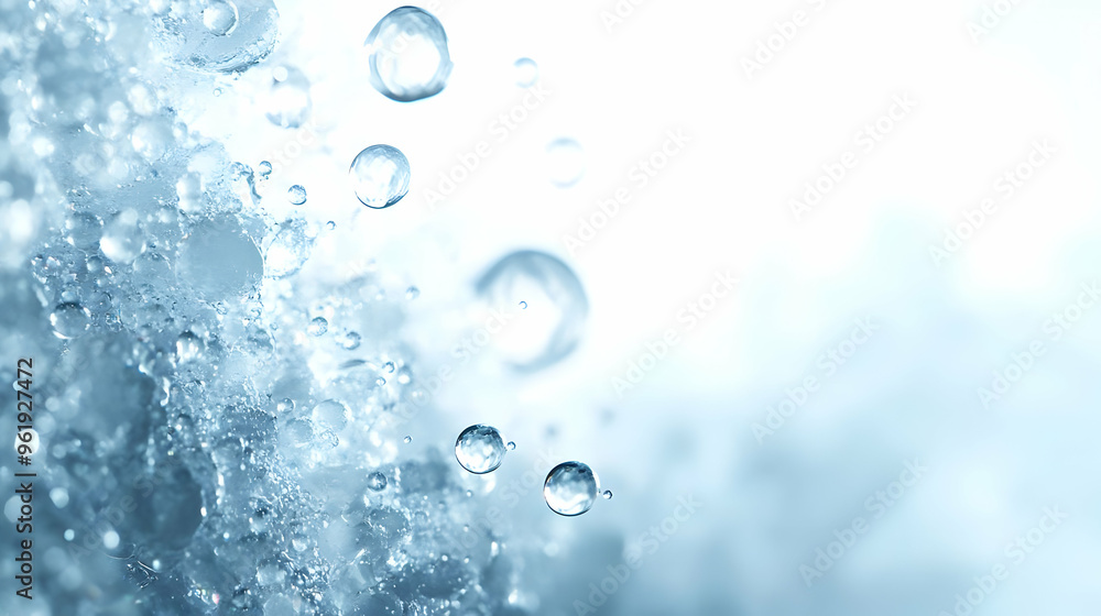 3D Abstract Water Droplets Floating in Mist - Timelapse Nature Background with Copy Space for Text, Icon on White 3D Abstract Water Droplets Floating in Mist - Timelapse Nature Background with Copy Space for Text, Icon on White