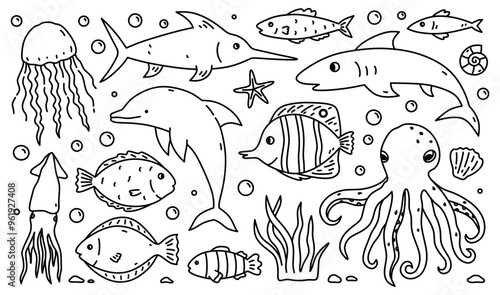 Set with an underwater world - jellyfish, squid, dolphin, octopus, various fish and algae isolated on a white background. Vector hand-drawn illustration in doodle style. Sea creatures.