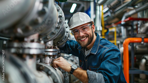 Smiling engineer working on industrial machinery in factory.