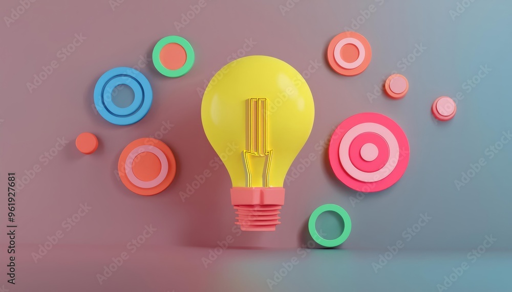 A vibrant yellow light bulb surrounded by colorful geometric shapes, perfect for creative and modern designs. A vibrant yellow light bulb surrounded by colorful geometric shapes, perfect for creative and modern designs.