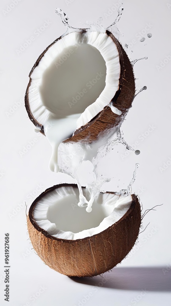 Silhouette of a halved coconut with milk splashing, floating in midair against a white background Silhouette of a halved coconut with milk splashing, floating in midair against a white background