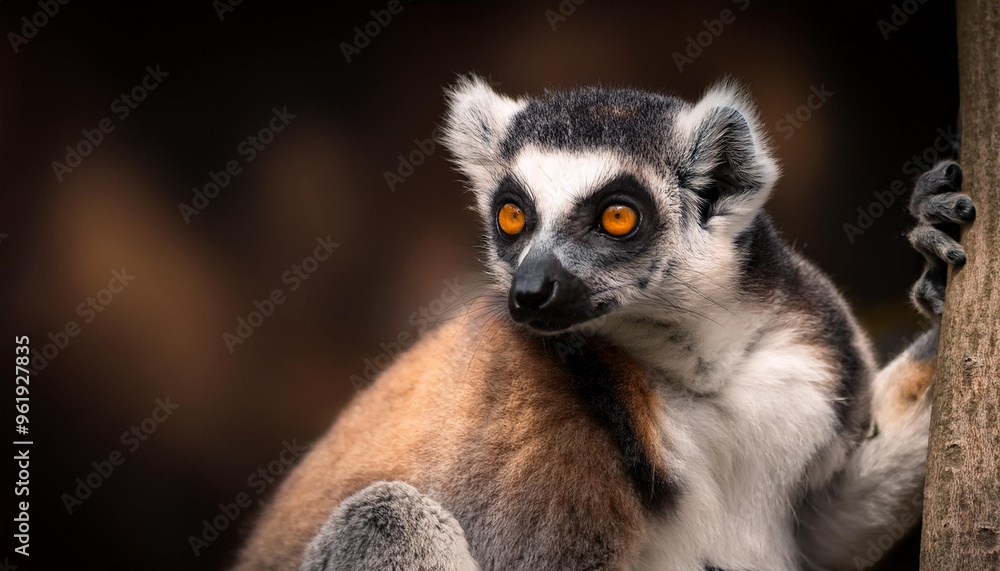 Obraz premium Lemur on tree dark background