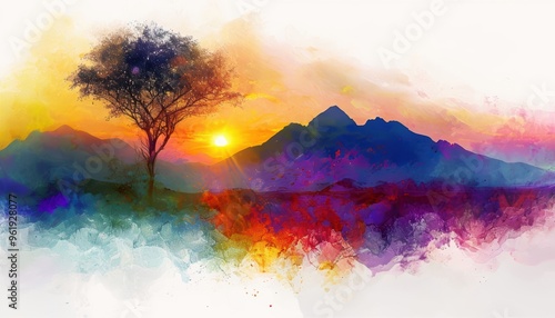 Abstract watercolor background featuring a rainbow of vibrant colors with splashes and brushstrokes, creating a textured and artistic design photo