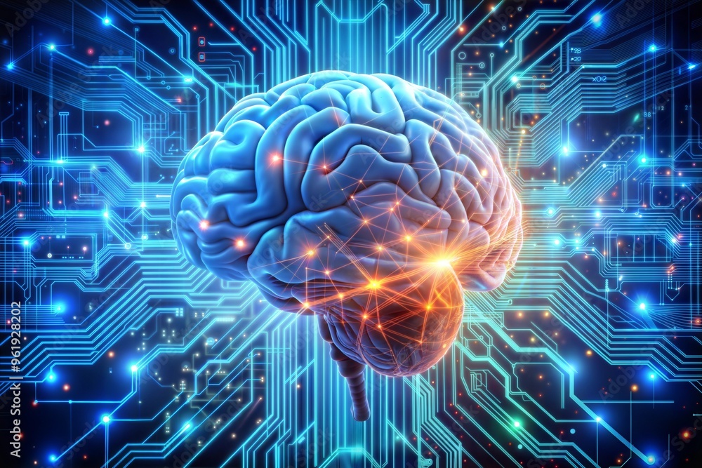 Artificial intelligence brain with glowing neural network and circuitboard background Artificial intelligence brain with glowing neural network and circuitboard background