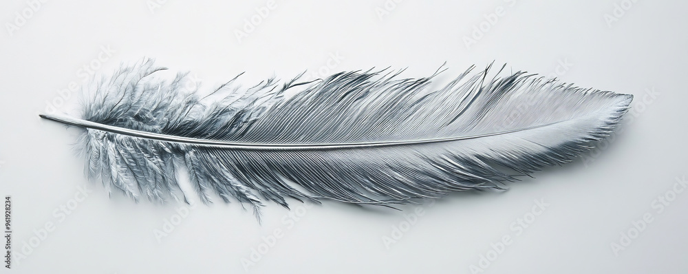 Obraz premium A metallic silver feather with sharp barbs and smooth texture, creating a contrast against the white backdrop.