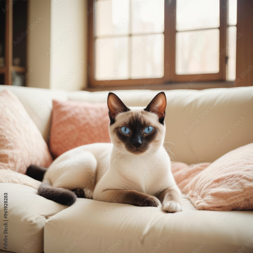Thai cat lies on light sofa in luxurious interior Thai cat lies on light sofa in luxurious interior