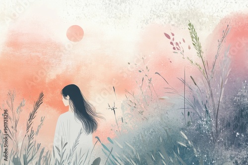A Woman Stands in a Field of Tall Grass with a Pink Sun in the Sky