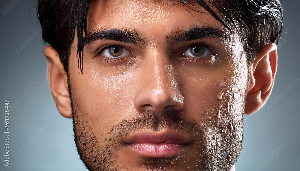 Close-up of a man’s face with water droplets on his skin, symbolizing freshness and skincar_1(389) Close-up of a man’s face with water droplets on his skin, symbolizing freshness and skincar_1(389)