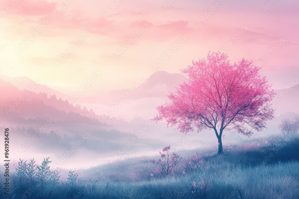 Solitary Pink-Blossomed Tree in Misty Mountain Valley at Dawn Solitary Pink-Blossomed Tree in Misty Mountain Valley at Dawn