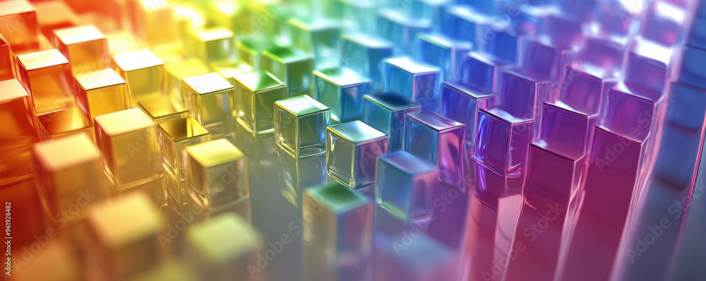 Multi-colored cubes arranged in a flowing wave pattern on a smooth, light surface, with each cube reflecting light from different angles. Multi-colored cubes arranged in a flowing wave pattern on a smooth, light surface, with each cube reflecting light from different angles.