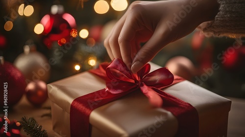 Hand-Tying Ribbon on Gift Box: A detailed shot of a hand carefully tying a ribbon on a gift box, with festive decorations in the background. 