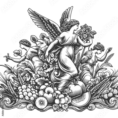 angels surrounded by flowers, fruits, and wheat, abundance and beauty in a classic, ornate style sketch engraving generative ai vector illustration. Scratch board imitation. Black and white image. photo