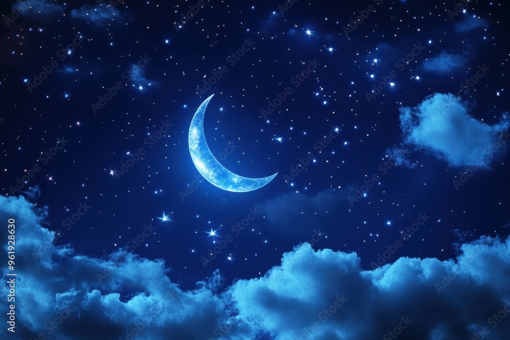 Crescent Moon and Stars in a Night Sky with Clouds Crescent Moon and Stars in a Night Sky with Clouds