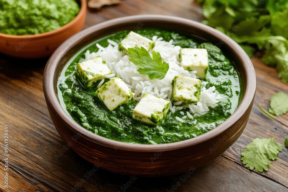 Spinach and paneer cheese dish with basmati rice Indian vegetarian cuisine Blank area Spinach and paneer cheese dish with basmati rice Indian vegetarian cuisine Blank area