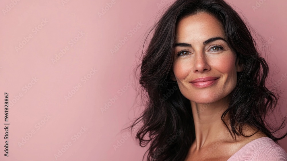 A woman with long hair and a pink background A woman with long hair and a pink background