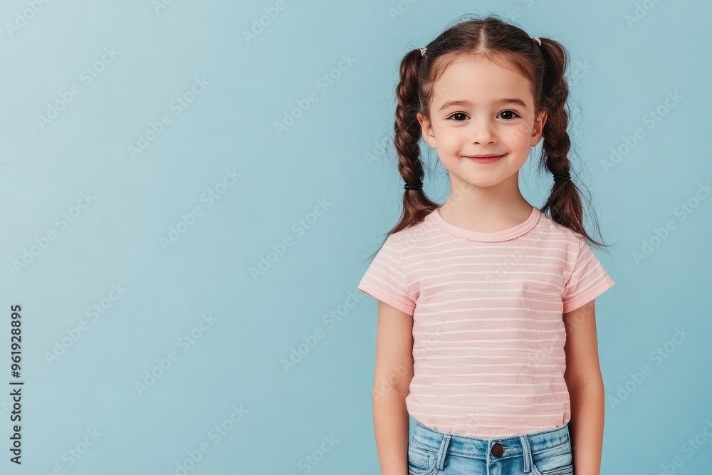 Cute adorable girl wearing striped clothes on cyan background Cute adorable girl wearing striped clothes on cyan background