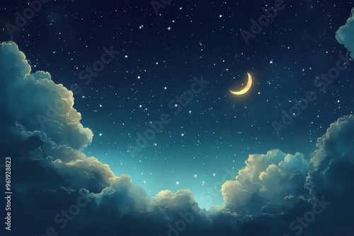 Night Sky with Crescent Moon and Clouds