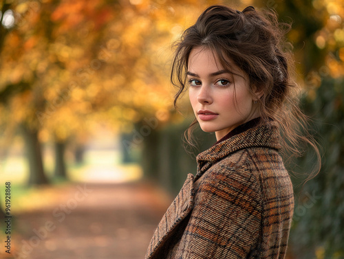 portrait of a woman in a tweed coat, autumn outdoor setting