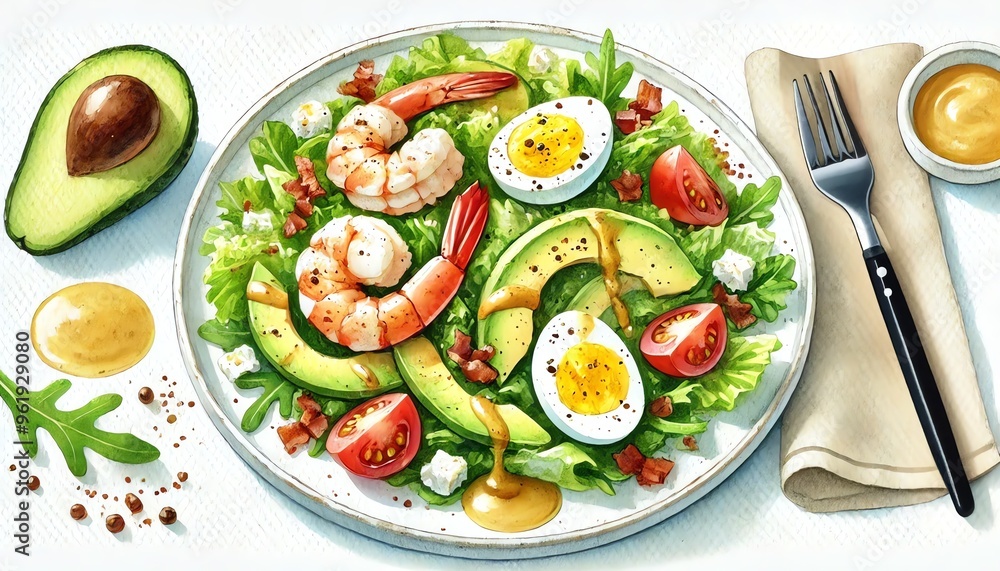 A watercolor-style illustration of a fresh and vibrant Shrimp Cobb Salad with Dijon dressing on a white plate A watercolor-style illustration of a fresh and vibrant Shrimp Cobb Salad with Dijon dressing on a white plate
