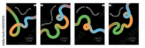 Set of vertical posters with an abstract liquid stripe in rainbow colors. Modern card design with colorful ribbon and empty space for text.