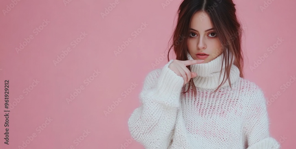 Posing in white knitted sweater against bright pink background, pointing to the side Posing in white knitted sweater against bright pink background, pointing to the side
