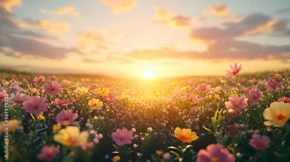3D Field of Flowers and Sunrise Border Frame with Copy Space - Morning Glory Wording, Wide Shot, Blooming Nature Icon on White Background 3D Field of Flowers and Sunrise Border Frame with Copy Space - Morning Glory Wording, Wide Shot, Blooming Nature Icon on White Background