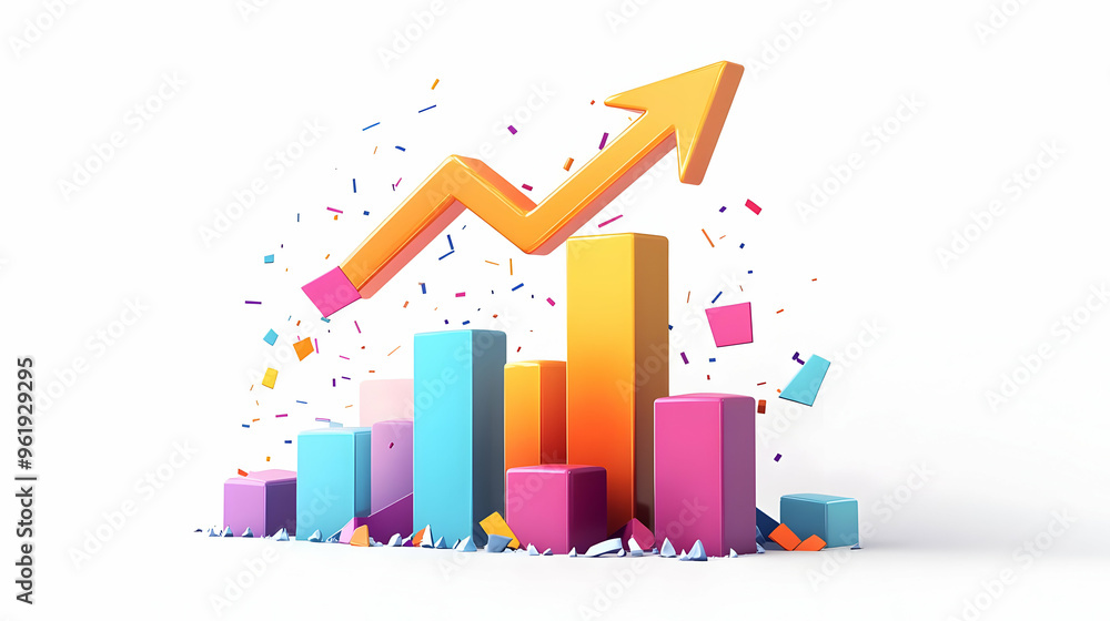 3D Floating Arrow and Bar Chart Icon with 'Revenue Growth' Text - Vector Design Symbolizing Financial Success on White Background 3D Floating Arrow and Bar Chart Icon with 'Revenue Growth' Text - Vector Design Symbolizing Financial Success on White Background
