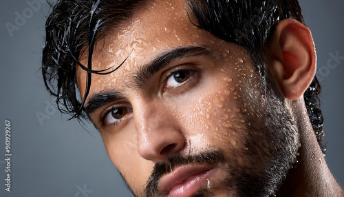  Close-up of a man's face covered with water droplets, symbolizing freshness and skincar_1(381) photo