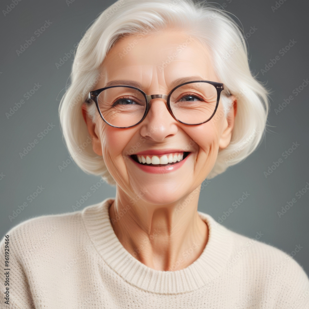 Portrait of a gray-haired elderly woman smiling broadly on grey background Portrait of a gray-haired elderly woman smiling broadly on grey background