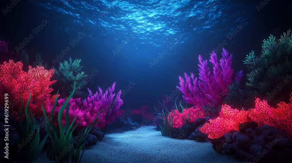 Naklejka premium Vibrant neon landscape featuring glowing cacti, colorful plants, and a shimmering stream under a starry sky.