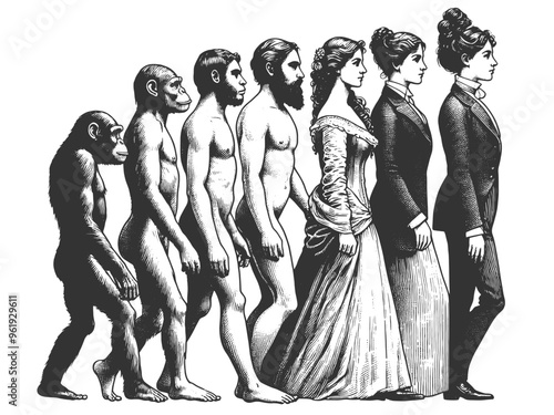 evolution of woman, transitioning from primate to modern professional sketch engraving generative ai fictional character vector illustration. Scratch board imitation. Black and white image