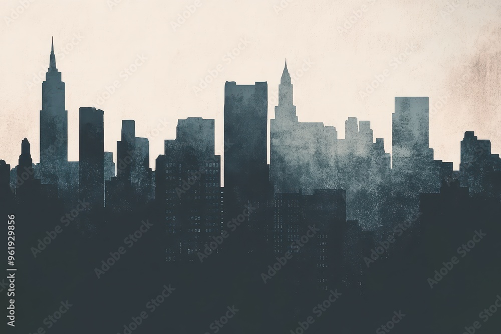 Silhouetted City Skyline with a Grunge Aesthetic Silhouetted City Skyline with a Grunge Aesthetic