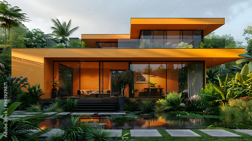 Modern Minimalist House with a Pond in the Garden 3D Illustration Modern Minimalist House with a Pond in the Garden 3D Illustration