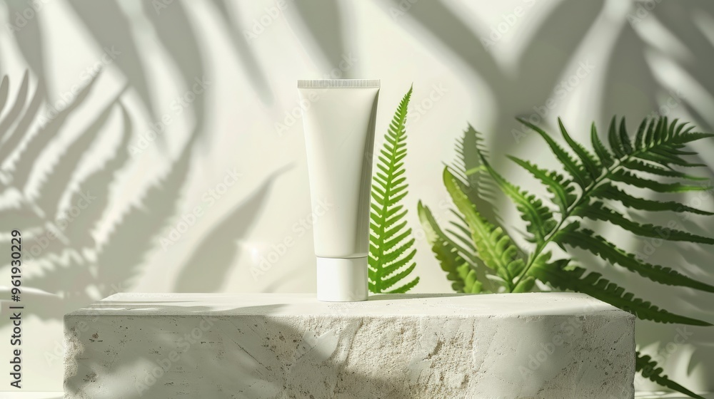 Cosmetic product tube, plaster podium, fern leaf composition on light background Cosmetic product tube, plaster podium, fern leaf composition on light background