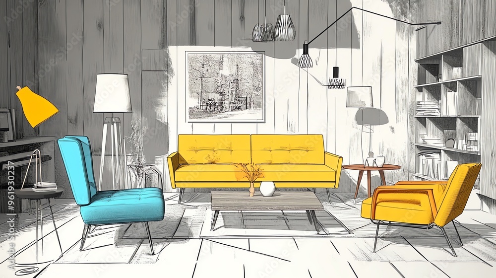 Sketch of a Living Room Interior with Yellow Couch and Blue Armchair Sketch of a Living Room Interior with Yellow Couch and Blue Armchair