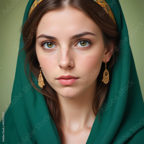 Portrait of a beautiful girl in a green headscarf and large gold earrings