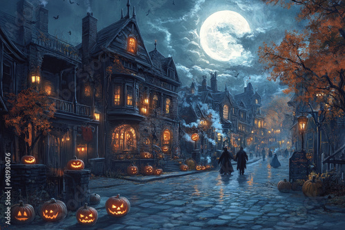 A creepy street scene with glowing pumpkins, haunted houses, and trick-or-treaters walking past under the light of the full moon.