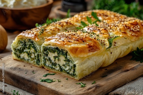 Spinach pastry made with phyllo dough sesame seeds and feta cheese Turkish treat called spanakli Borek photo