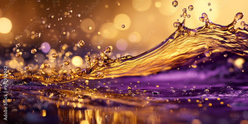 A gold and purple oil liquid splash twisting and turning in mid-air, with scattered droplets adding depth. A gold and purple oil liquid splash twisting and turning in mid-air, with scattered droplets adding depth.